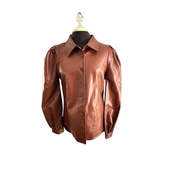 NWT VICI Pleather Vegan Leather Puffed Sleeve Button Down Shirt Caramel Brown M - Picture 11 of 11